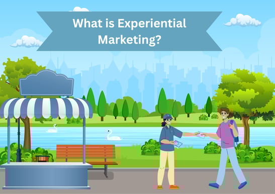 Cartoon of a branded pop-up shop and street team handing out samples, showing experiential marketing engagement.